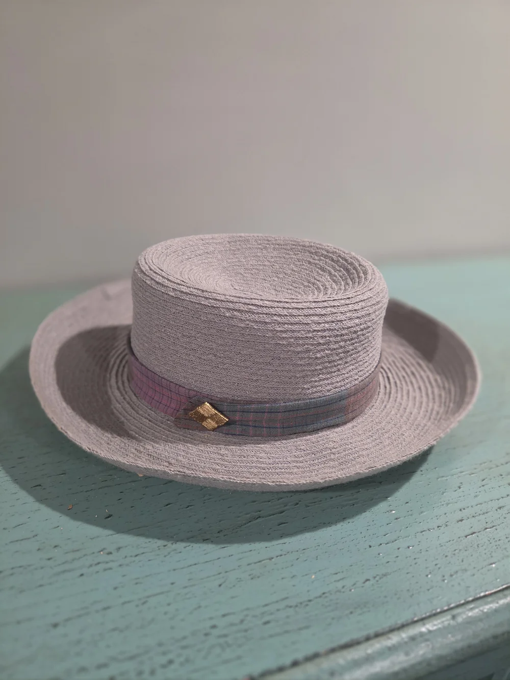 August Hats Gray Hemp Blend Plaid Band Boater Hat